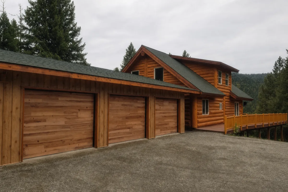 Three cedar wood garage doors on a log home