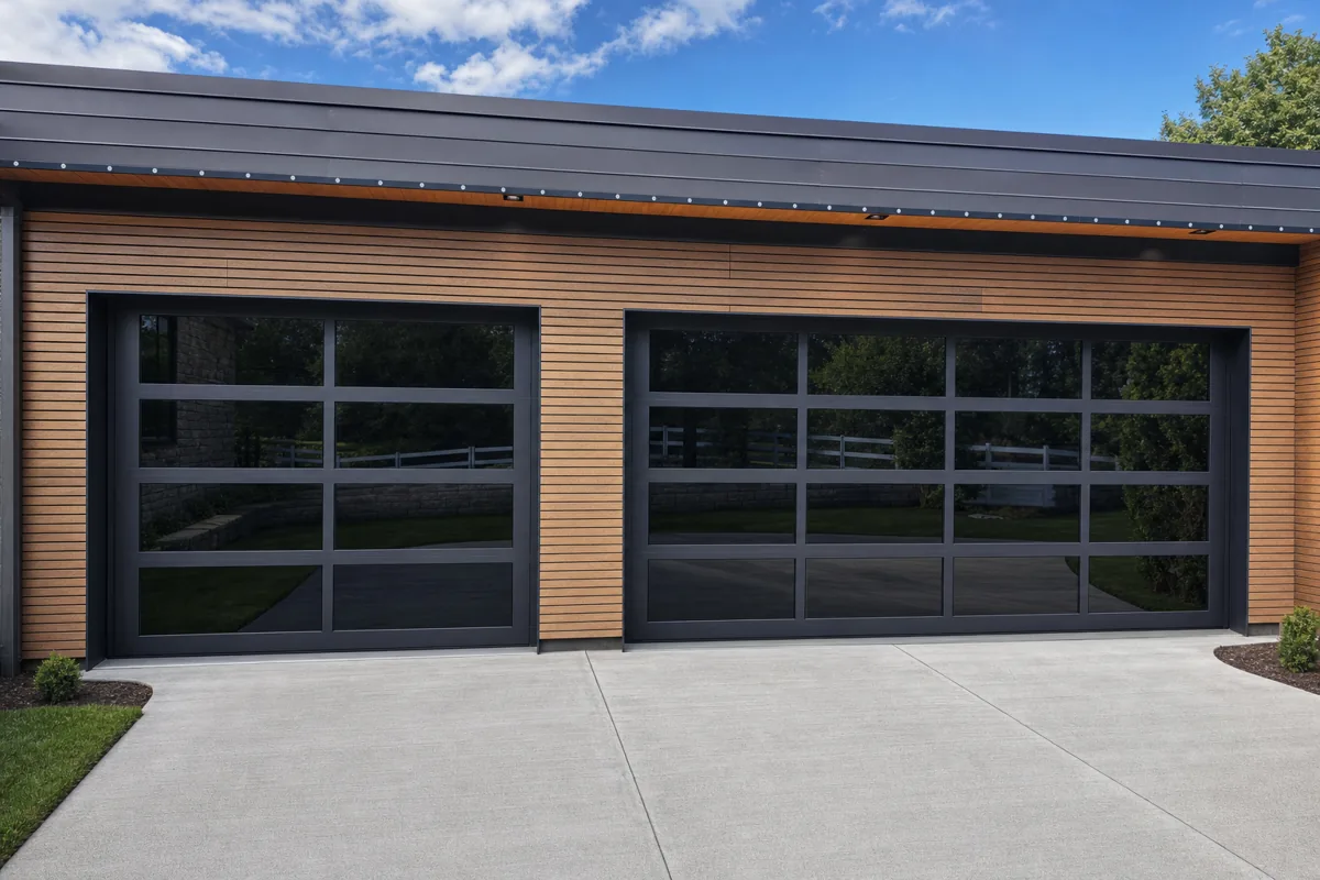 Two full-view glass garage doors in a cedar wall, installed by C&K