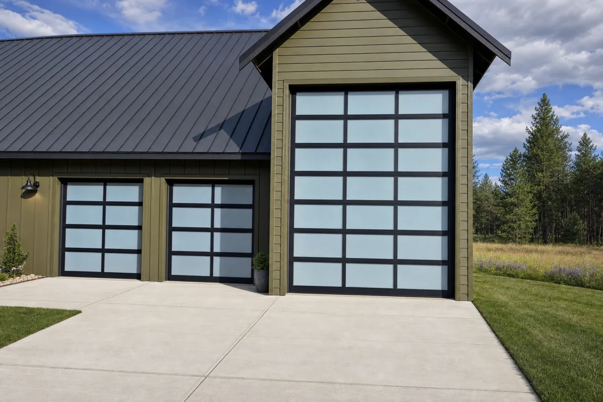 Shop building with a tall full-view glass door and a smaller glass door