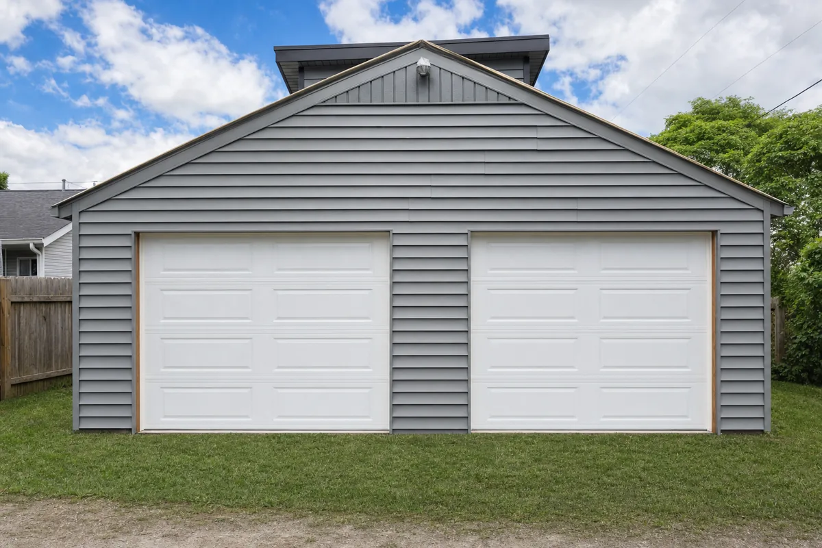 Gray detached garage with a white raised-panel garage door
