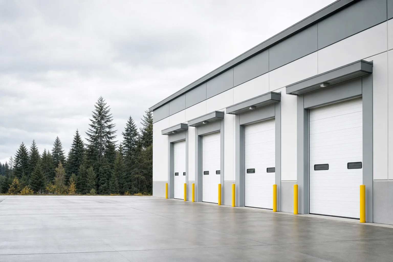 Commercial building with a row of white overhead doors