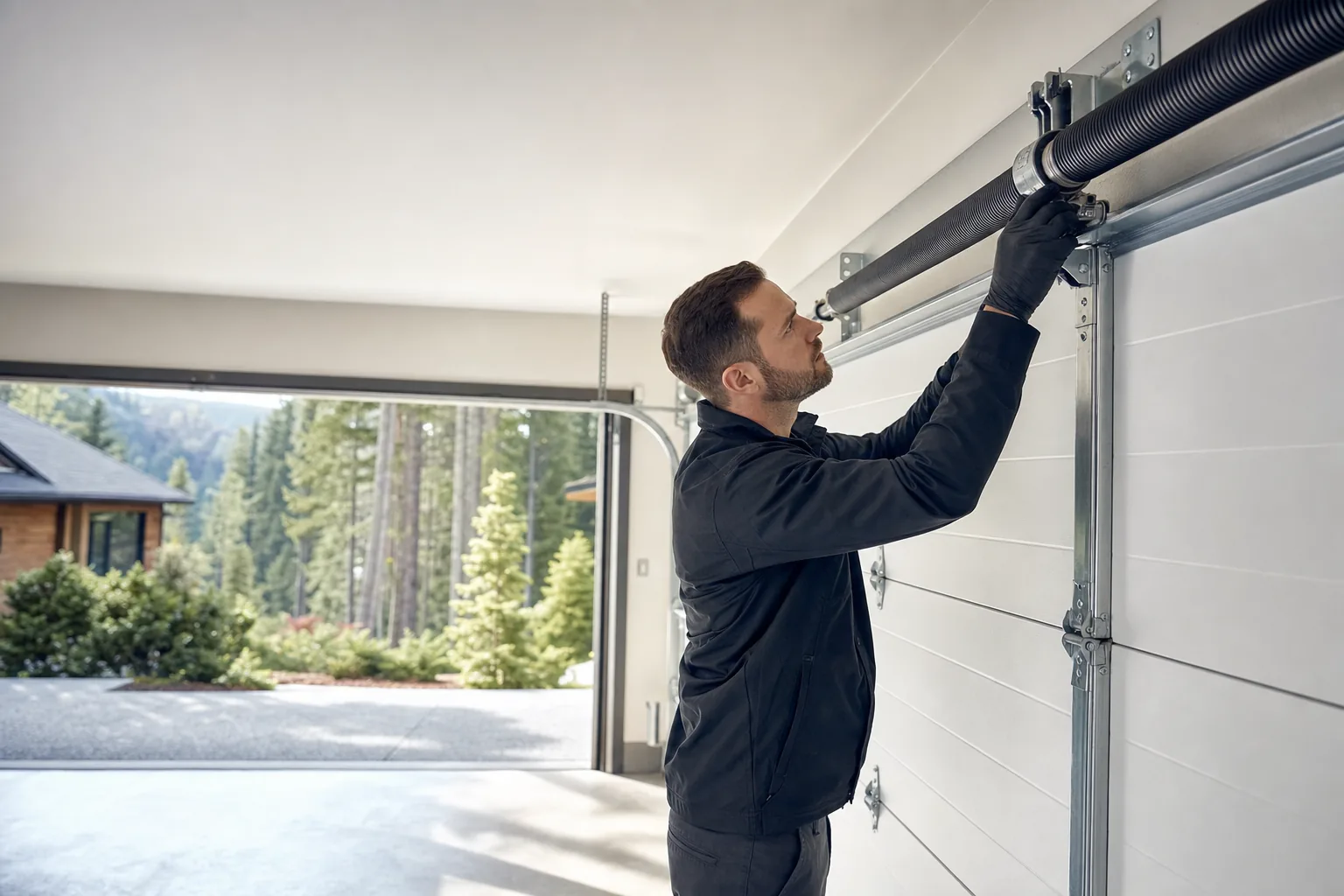 Technician adjusting hardware above a white sectional garage door