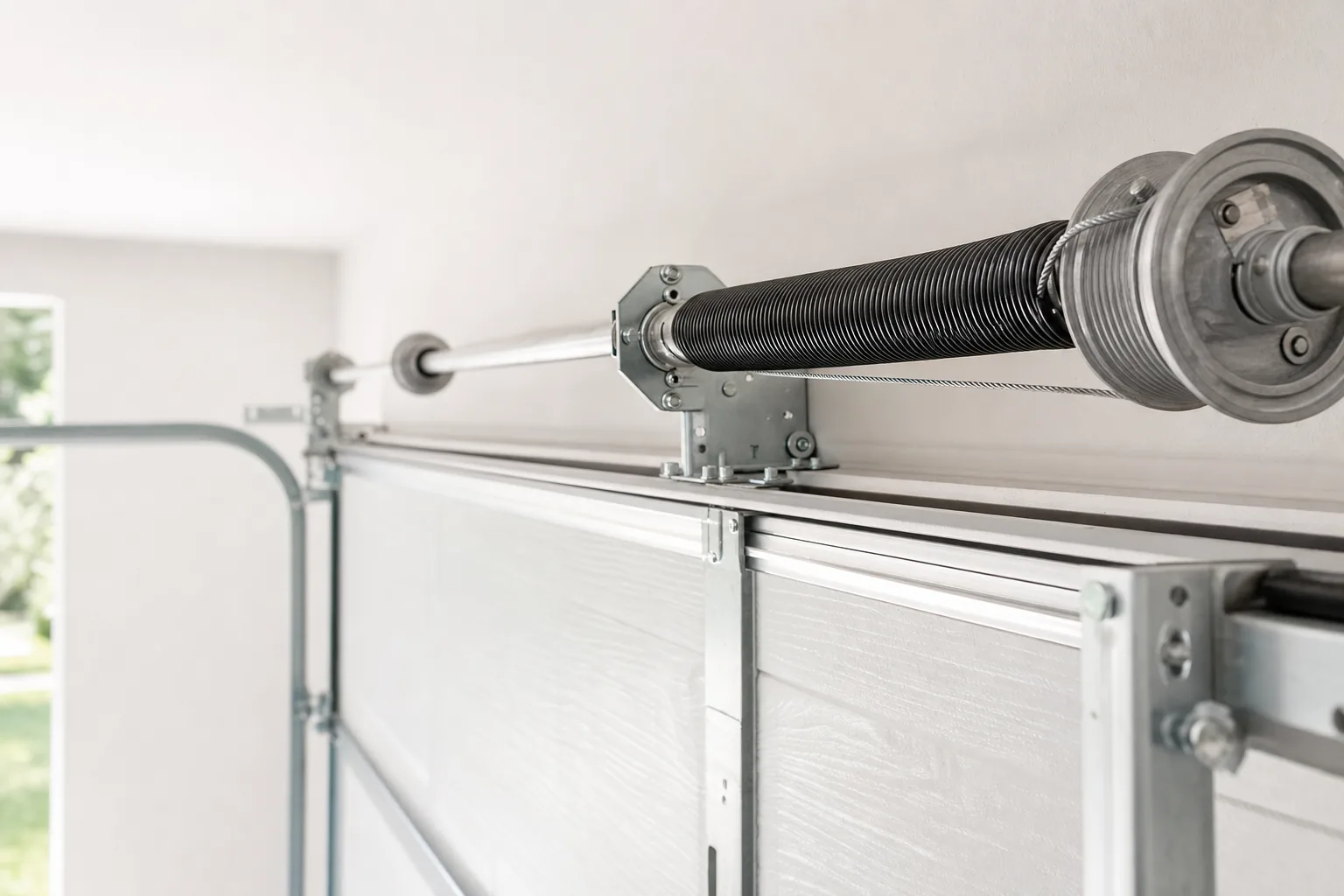 Garage door torsion spring assembly above a sectional door